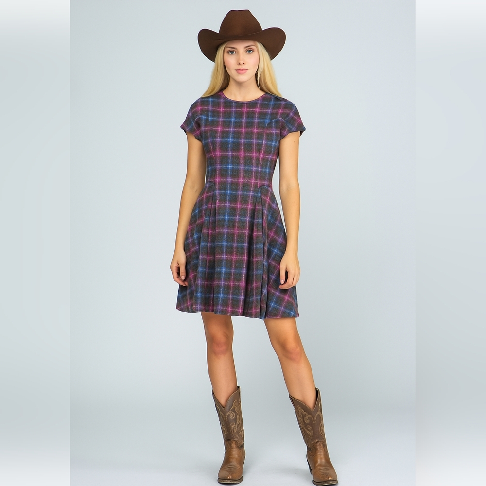Double R by Ravi Ratan plaid fit & flare dress gray pink blue